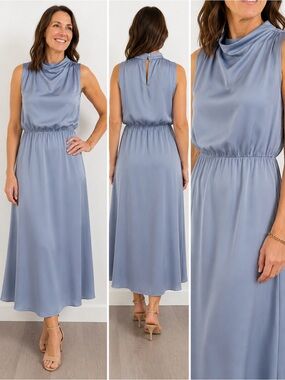 NWT Pretty Garden Dusty Blue Satin Midi Dress | Medium